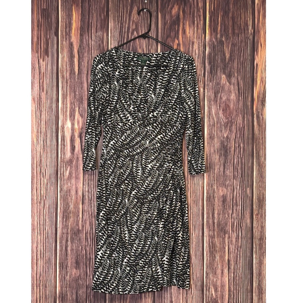 Lauren Ralph Lauren Faux Wrap Dress Womens Size 8 Black White Abstract V-Neck